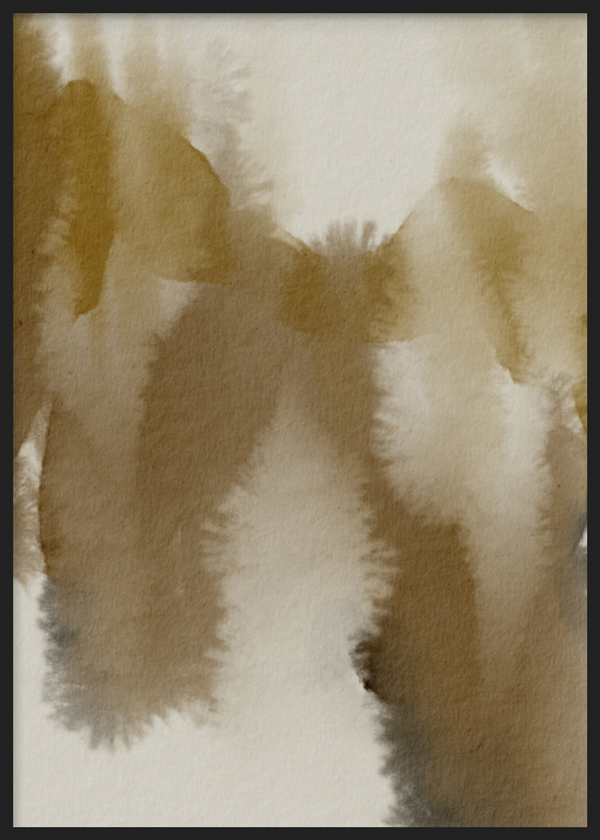 Cuadro decorativo con marco de estilo minimalista y orgánico, acuarela abstracta en tonos dorados y tierra, modelo Bruma Dorada