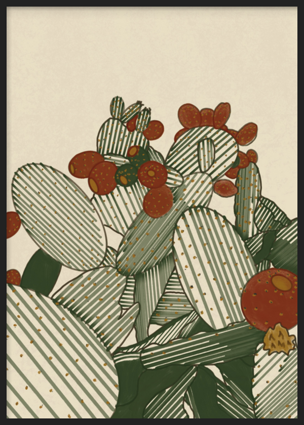 Cuadro decorativo con marco de estilo minimalista y orgánico, ilustración de chumberas con frutos en tonos tierra, modelo Chumberas cactus