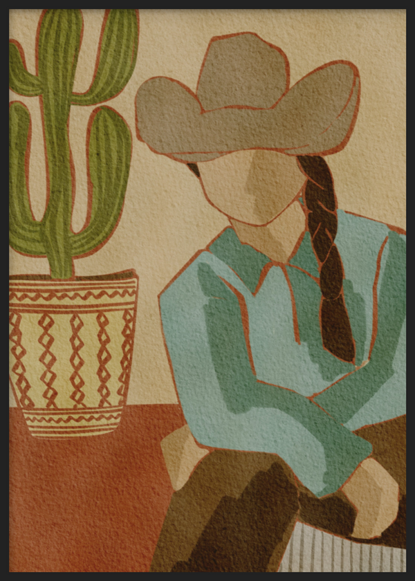 Dekoratives Wandbild mit Rahmen im minimalistischen und organischen Stil, Cowgirl in der Wüste mit Kaktus, Modell Desert Cowgirl and Cactus. Erhältlich auf kudeko.com