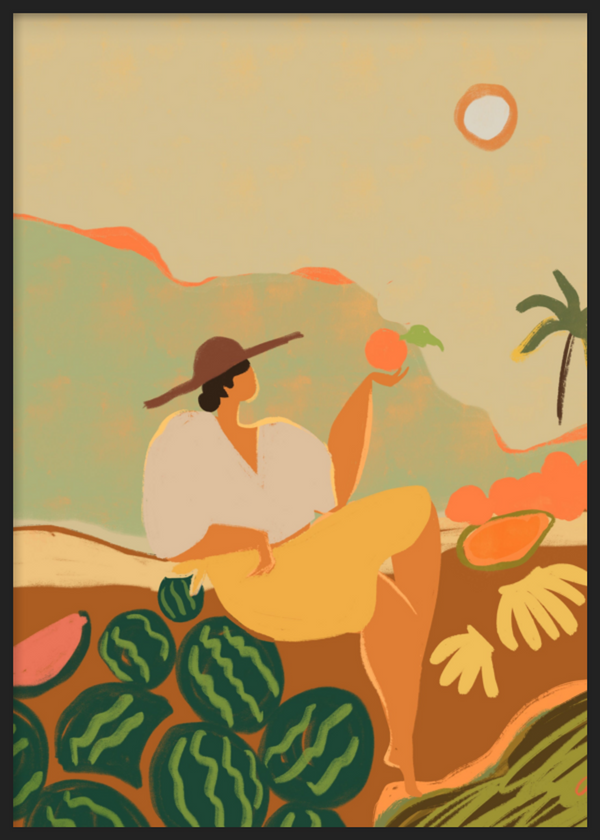 Cuadro decorativo con marco de estilo minimalista y orgánico, mujer tropical con fruta en paisaje cálido, modelo Farmer Guava