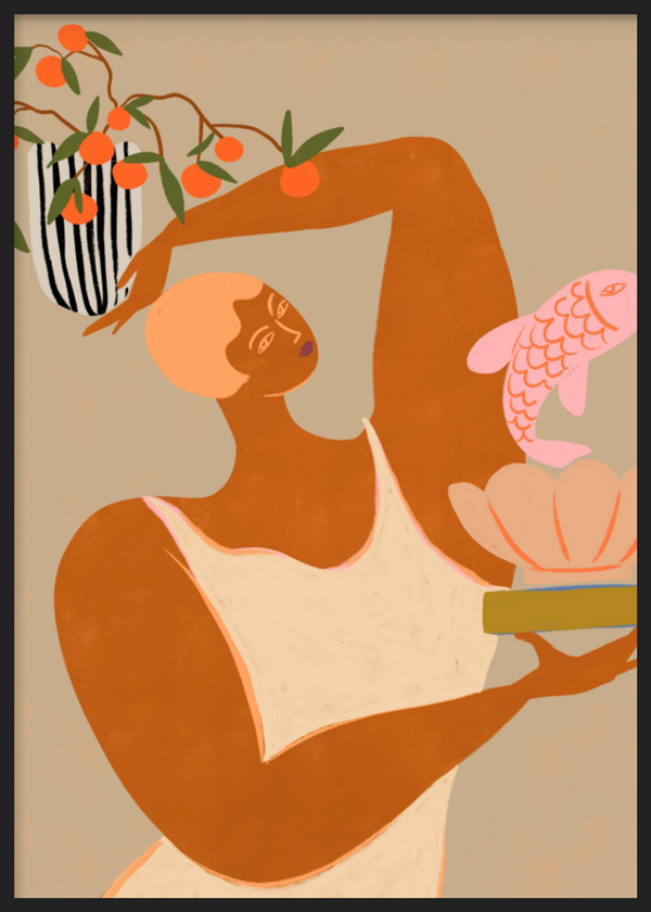 Cuadro decorativo con marco de estilo minimalista y orgánico, ilustración orgánica de mujer con pez y naranjas, modelo Fish And Oranges