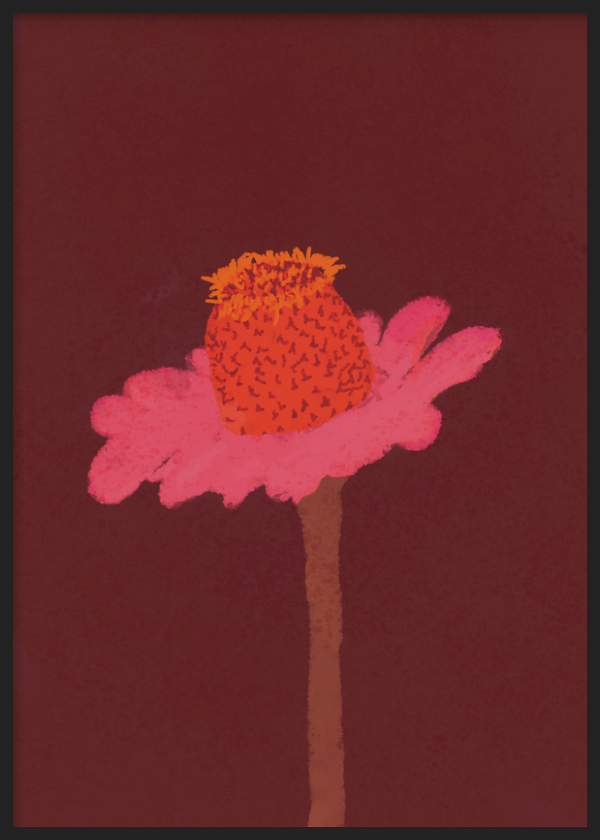 Wandbild mit Rahmen im minimalistischen und organischen Stil, mit minimalistischer rosa Blume, Modell Flor Nocturna. Erhältlich auf kudeko.com