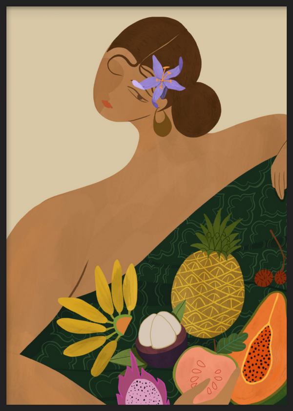 Cuadro decorativo con marco de estilo minimalista y orgánico, mujer tropical con frutas exóticas, modelo Fruit Seller