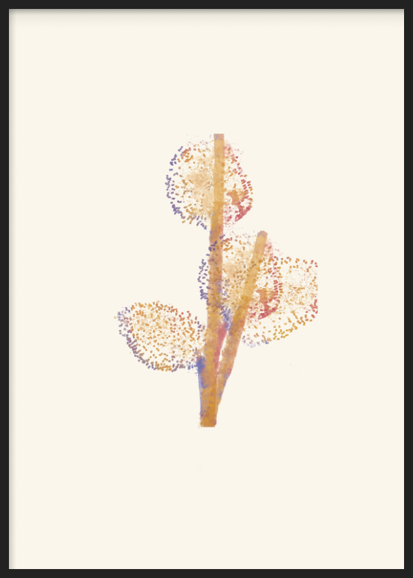 Quadro decorativo com moldura de estilo minimalista e orgânico, ramo botânico com efeito aguarela minimalista, modelo Hoja Suspendida. Disponível em kudeko.com