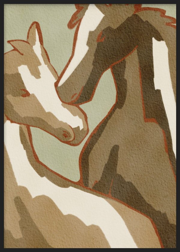 Cuadro decorativo con marco de estilo minimalista y orgánico, ilustración serena de caballos en tonos tierra, modelo Horse Love