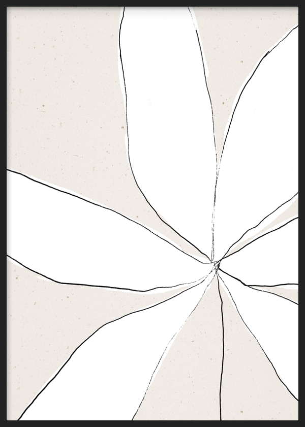 Wandbild mit Rahmen im minimalistischen und organischen Stil, minimalistische abstrakte Blume in neutralen Farbtönen, Modell Petal Symphony. Erhältlich auf kudeko.com