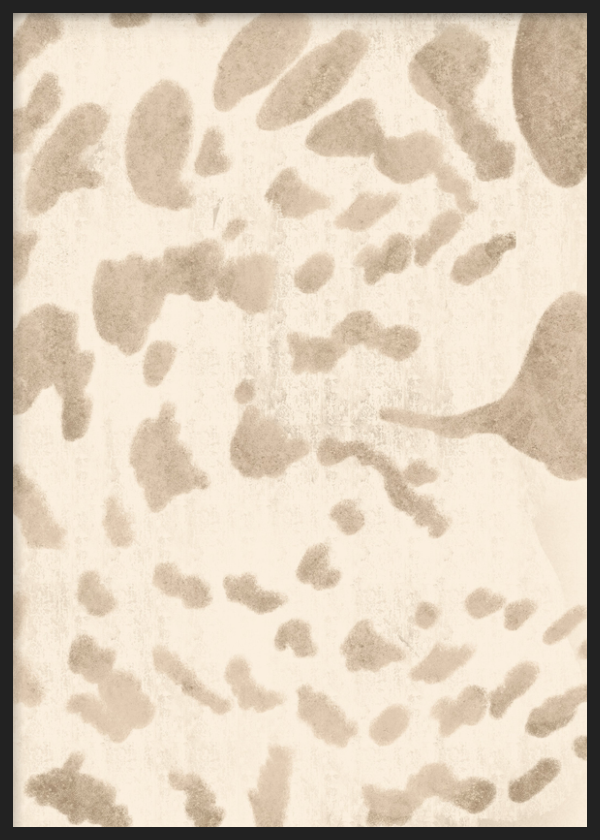 Quadro decorativo com moldura de estilo minimalista e orgânico, composição abstrata orgânica em tons de areia, modelo Rastro Menudo. Disponível em kudeko.com
