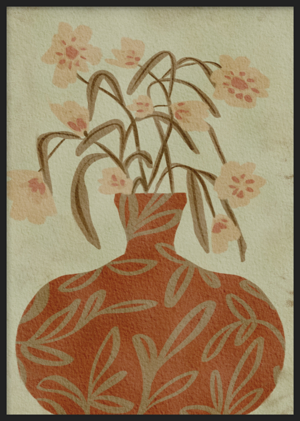 Cuadro decorativo con marco de estilo minimalista y orgánico, jarrón terracota con flores suaves, modelo Terracotta Vase Blossoms