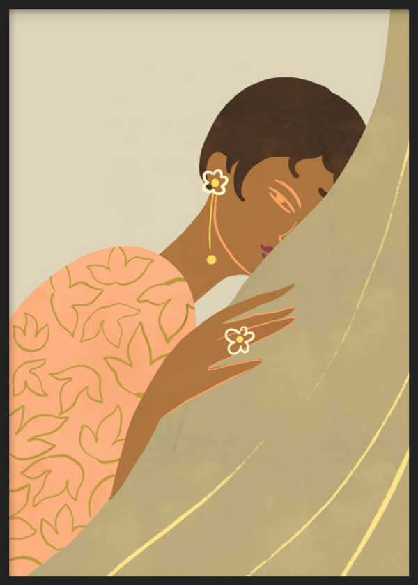 Cuadro decorativo con marco de estilo minimalista y orgánico, ilustración serena de mujer abrazando una hoja tropical, modelo The Introvert