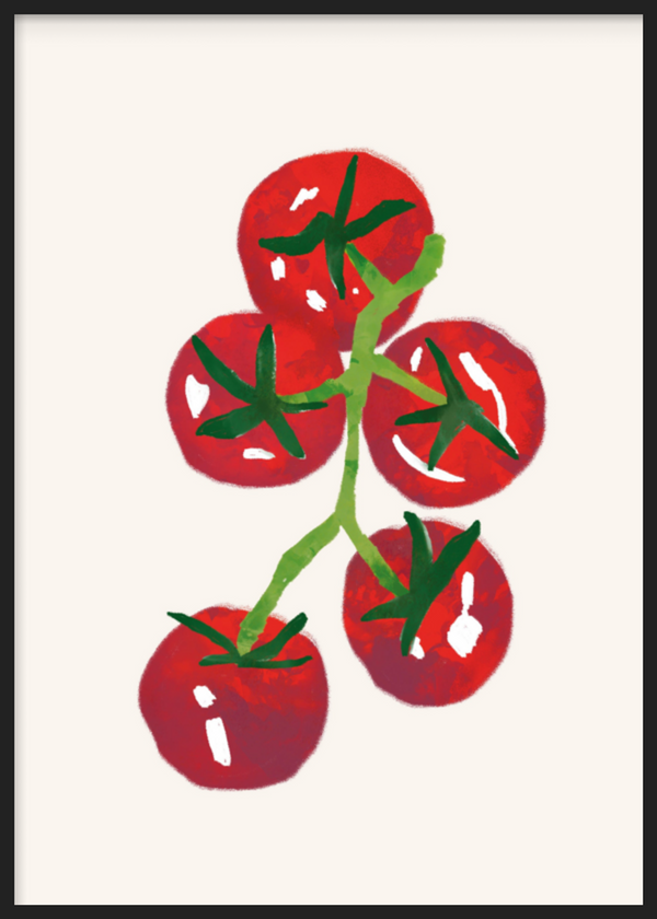 Quadro decorativo emoldurado de estilo minimalista e orgânico, com ilustração minimalista de tomates frescos, modelo Tomates frescos. Disponível em kudeko.com