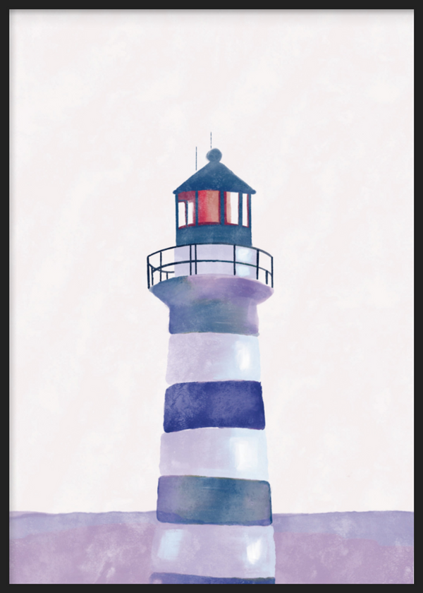 Cuadro decorativo con marco de estilo minimalista y sereno, faro costero en tonos azules, modelo Faro Reflejos Azules