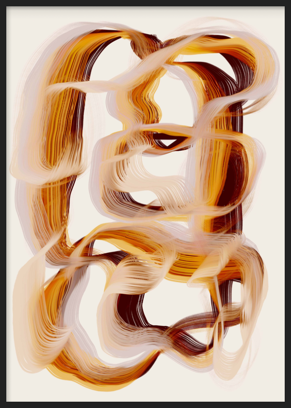 Dekoratives Wandbild mit Rahmen in minimalistischem und ruhigem Stil, abstrakte Komposition mit warmen organischen Linien, Modell Flowing Amber Paths. Erhältlich auf kudeko.com
