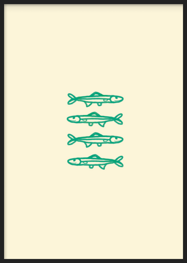 Quadro decorativo com moldura, de estilo minimalista e sereno, com ilustração minimalista de sardinhas, modelo Sardinhas sem lata. Disponível em kudeko.com