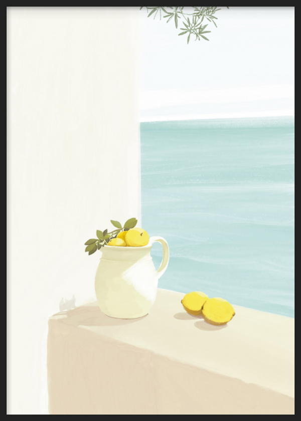 Cuadro decorativo con marco de estilo minimalista y sereno, bodegón veraniego con limones frente al mar, modelo Una ventana al verano