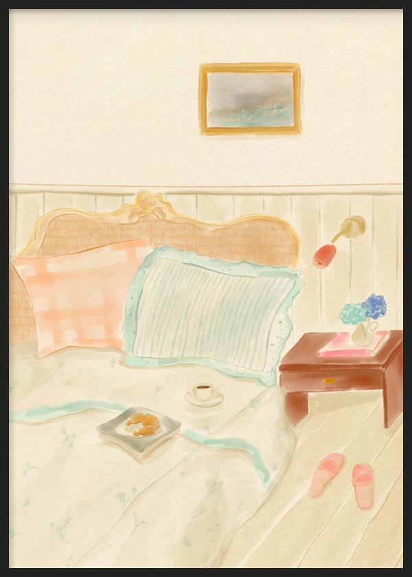 Cuadro decorativo con marco de estilo minimalista y tonos_pastel, escena acogedora de dormitorio en tonos pastel, modelo Cozy Morning Retreat