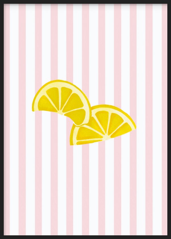 Cuadro decorativo con marco de estilo minimalista y tonos_pastel, rodajas de limón sobre fondo de rayas rosas, modelo Limones Fresquitos