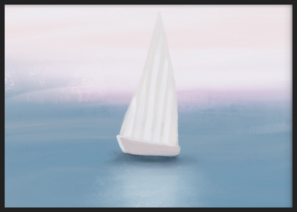 Quadro decorativo com moldura de estilo minimalista em tons pastel, com veleiro num mar calmo, modelo Mar en calma. Disponível em kudeko.com