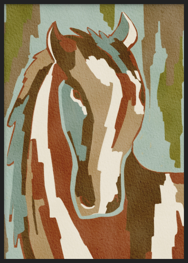 Tableau décoratif avec cadre au style organique et abstrait, portrait abstrait de cheval dans des tons terre, modèle Abstract Horse Portrait. Disponible sur kudeko.com