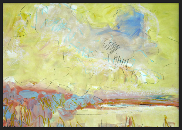 Dekoratives Wandbild mit Rahmen im organischen und abstrakten Stil, helles abstraktes Landschaftsmotiv in sanften Farbtönen, Modell Abstract Landscape Horizons. Erhältlich auf kudeko.com