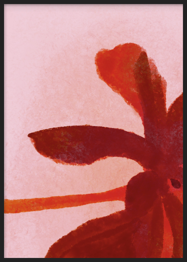 Dekoratives Wandbild mit Rahmen im organischen und abstrakten Stil, abstrakte Blume in Rot- und Rosatönen, Modell Flor Encendida. Erhältlich auf kudeko.com