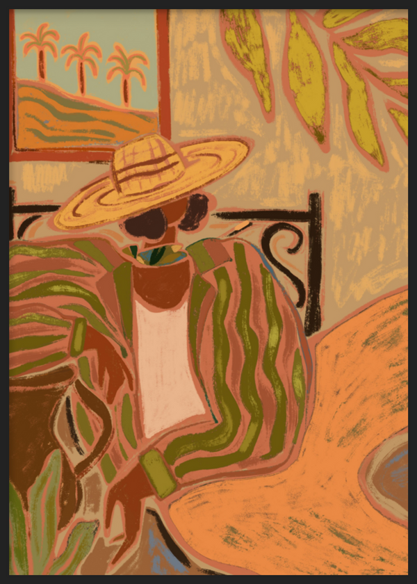 Cuadro decorativo con marco de estilo orgánico y abstracto, mujer con sombrero y vestido a rayas en ambiente tropical, modelo Lady in Stripe