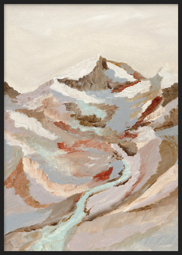 Cuadro decorativo con marco de estilo orgánico y abstracto, paisaje abstracto de montaña con río, modelo Painted Mountain River