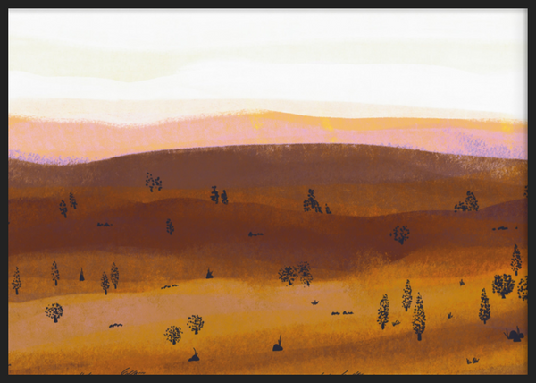 Cuadro decorativo con marco de estilo orgánico y abstracto, paisaje abstracto de colinas en tonos cálidos, modelo Siberia