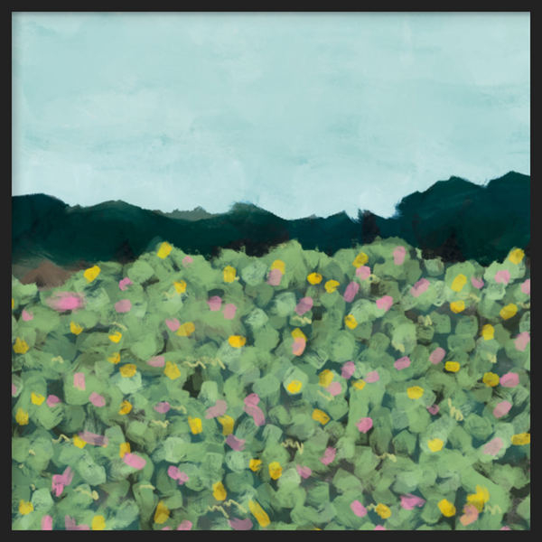 Cuadro decorativo con marco de estilo orgánico y abstracto, paisaje floral sereno con sierra al fondo, modelo Sierra serena II
