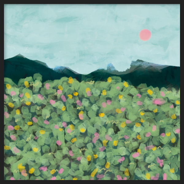 Cuadro decorativo con marco de estilo orgánico y abstracto, paisaje floral sereno de sierra, modelo Sierra serena