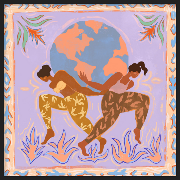 Cuadro decorativo con marco de estilo orgánico y abstracto, figuras femeninas bailando frente al mundo, modelo The World