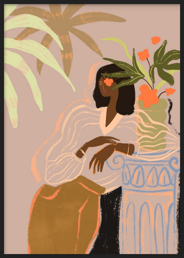 Cuadro decorativo con marco de estilo orgánico y abstracto, mujer serena entre hojas y flores, modelo Waiting