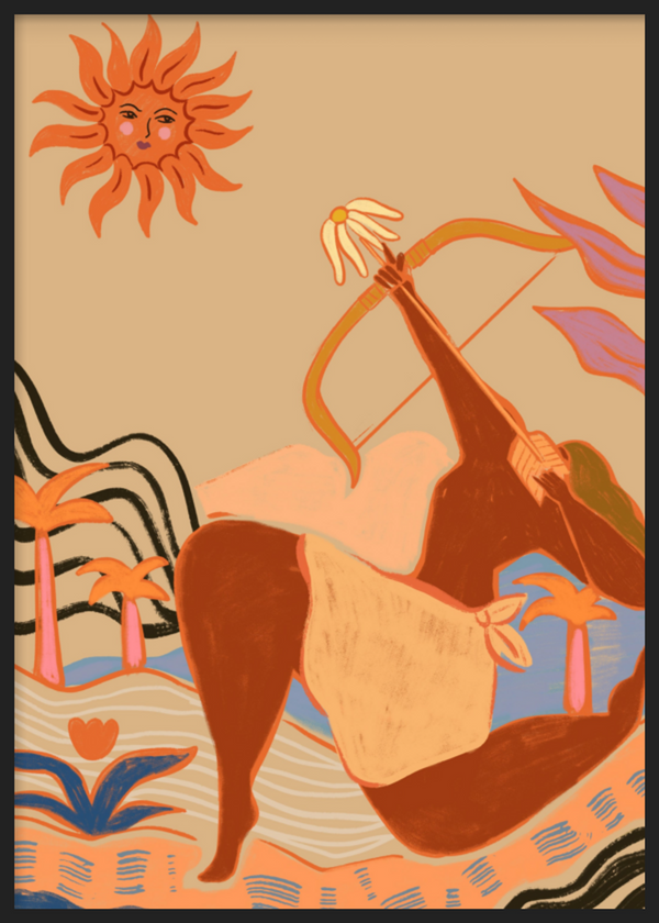 Dekoratives Wandbild mit Rahmen im organischen und farbenfrohen Stil, weibliche Figur mit Bogen in einer surrealistischen Landschaft, Modell Bow And Arrow. Erhältlich auf kudeko.com