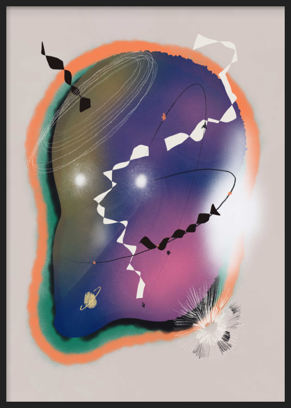 Quadro decorativo com moldura de estilo orgânico e colorido, composição abstrata orgânica em tons vibrantes, modelo Ethereal Cosmic Profile. Disponível em kudeko.com