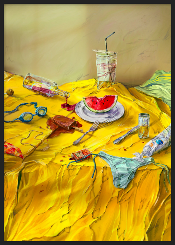 Cuadro decorativo con marco de estilo orgánico y colorido, bodegón veraniego vibrante y desenfadado, modelo Messy Summer Indulgence
