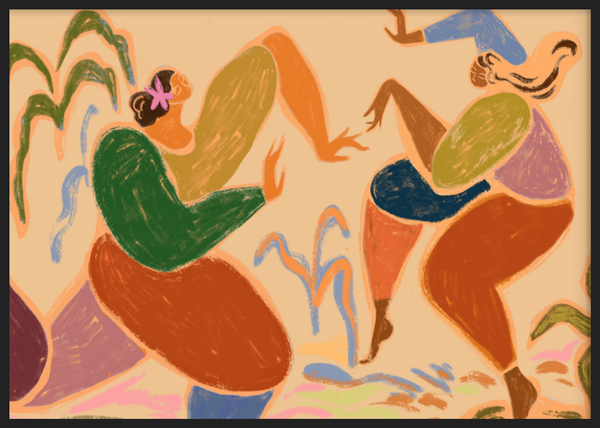 Dekoratives Wandbild mit Rahmen im organischen und farbenfrohen Stil, abstrakte Illustration von zwei Frauen in Bewegung, Modell Sisters of the Rhythm. Erhältlich auf kudeko.com