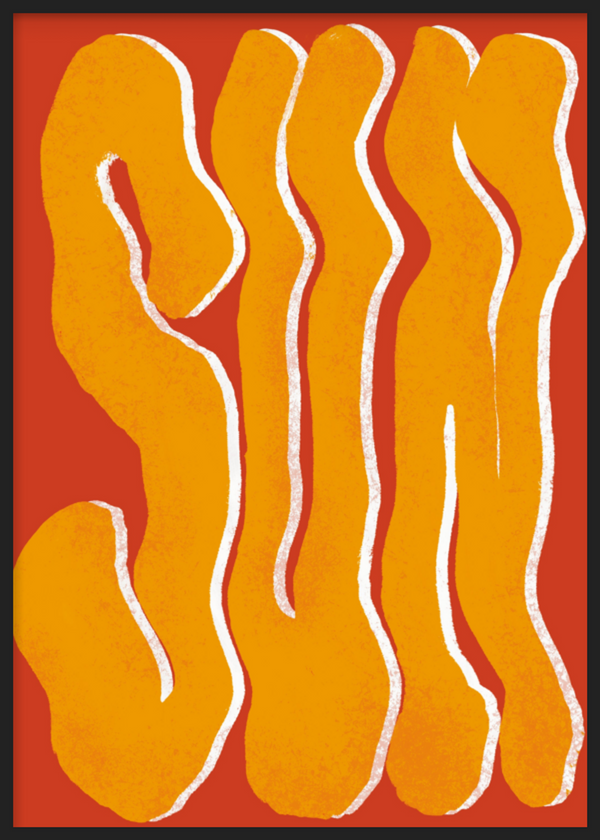 Quadro decorativo com moldura de estilo orgânico e colorido, formas abstratas orgânicas em tons solares, modelo Sun pop art. Disponível em kudeko.com