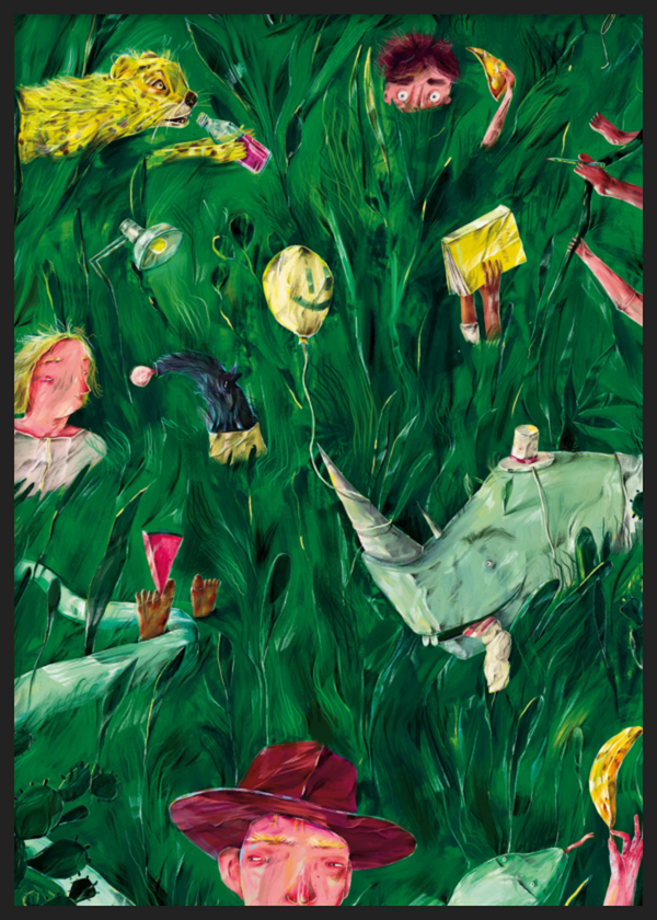 Cuadro decorativo con marco de estilo orgánico y colorido, escena selvática surrealista con animales y personajes, modelo Whimsical Jungle World