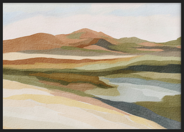 Cuadro decorativo con marco de estilo orgánico y minimalista, paisaje sereno en acuarela, modelo Calm Watercolor Landscape