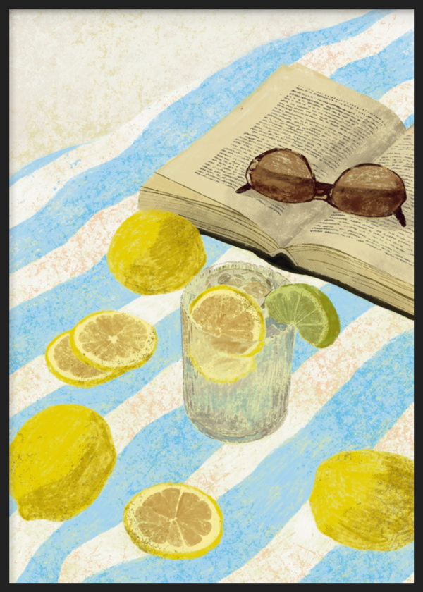 Tableau décoratif encadré au style organique et minimaliste, nature morte estivale avec citrons et livre, modèle El color del verano. Disponible sur kudeko.com
