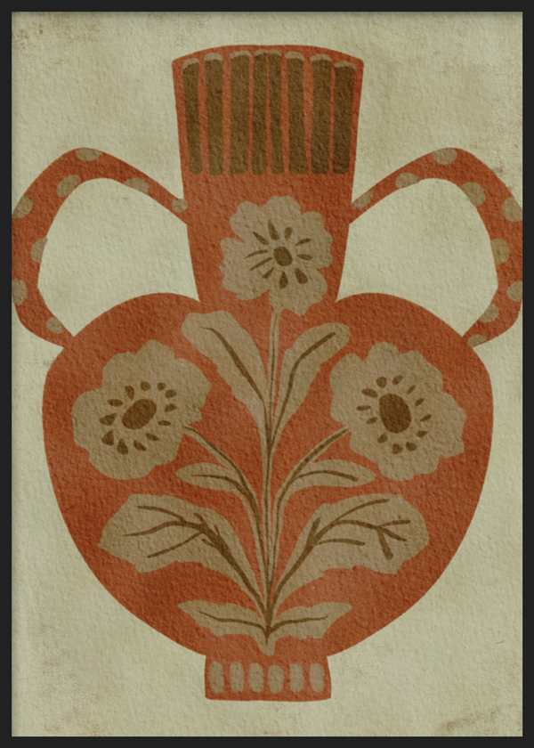 Cuadro decorativo con marco de estilo orgánico y minimalista, jarrón rústico con flores en terracota, modelo Rustic Floral Vase