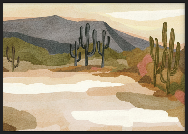 Cuadro decorativo con marco de estilo orgánico y minimalista, paisaje desértico sereno con cactus saguaro, modelo Saguaro Desert Serenity