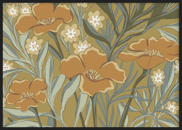 Cuadro decorativo con marco de estilo orgánico y minimalista, flores naranjas estilizadas de aire botánico, modelo Stylized Orange Blooms