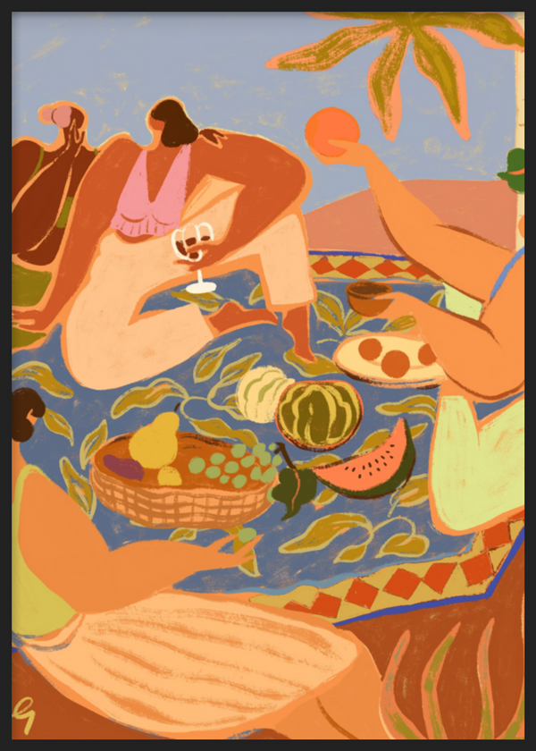 Wandbild mit Rahmen im organischen und minimalistischen Stil, sommerliches Picknick am Meer, Modell Summer Picnic. Erhältlich auf kudeko.com