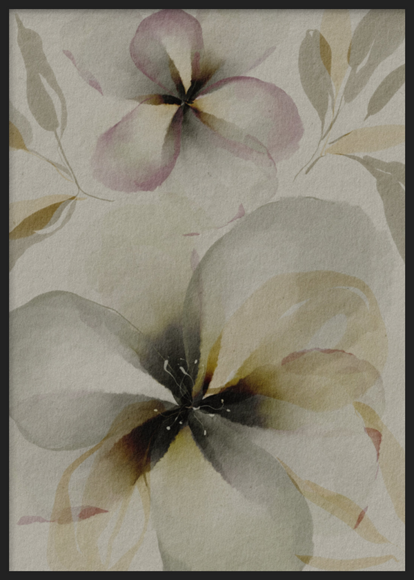 Cuadro decorativo con marco de estilo orgánico y minimalista, flores etéreas en acuarela suave, modelo Susurro de Flores