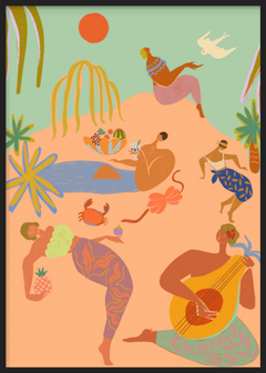 Tableau décoratif encadré au style organique et minimaliste, scène tropicale de vacances à la plage, modèle Vacation. Disponible sur kudeko.com