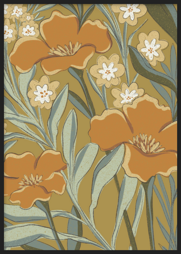 Quadro decorativo com moldura de estilo orgânico e minimalista, ilustração botânica vintage de flores silvestres, modelo Vintage Botanical Bloom. Disponível em kudeko.com
