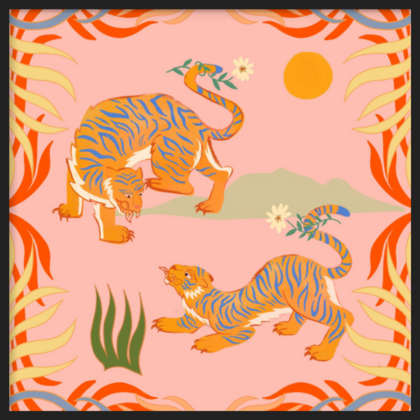 Cuadro decorativo con marco de estilo tonos_pastel y orgánico, tigres ilustrados en composición tropical, modelo Rawring Playmates