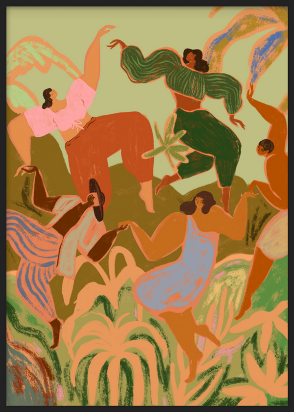 Cuadro decorativo con marco de estilo tonos_pastel y orgánico, mujeres danzando entre flores primaverales, modelo Spring Frolic