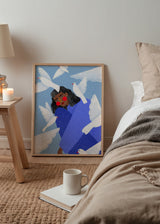 Tableau illustré coloré représentant une femme en bleu avec des colombes blanches, signé Bea Muller. Disponible sur kudeko.com
