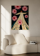 Farbiges illustriertes Wandbild mit einer Frau zwischen rosa Blumen, von Bea Muller. Erhältlich auf kudeko.com